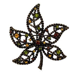 Vintage Avon Nina Ricci Maple Leaf Rhinestone Brooch 2.5" Brownish Gold Tone